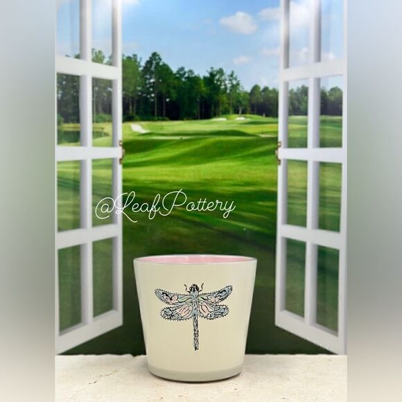Happy Dragonfly Beige/Pink/Blue Ceramic Planter Pot - Picture 10 of 10